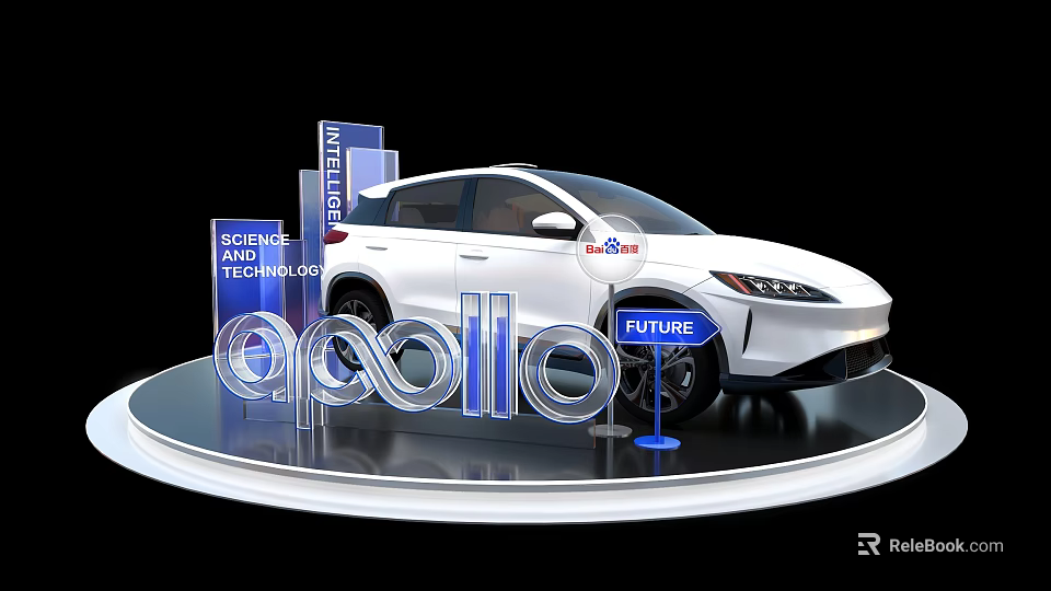 Apollo Future Technology White Car Showcase on Display Platform with SAE Signs 3d model
