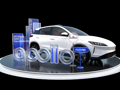 Apollo Future Technology White Car Showcase on Display Platform with SAE Signs 3d model