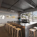 Modern Reception Desk With Metal Counter Pendant Lighting Staircase And Large Windows