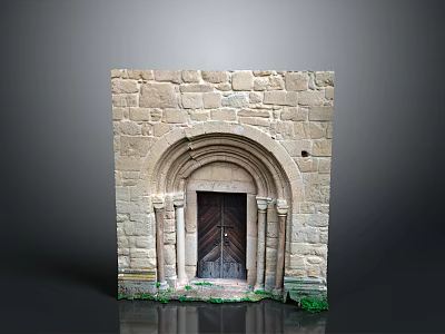 Historic Arched Stone Gate With Wooden Door Stone Pillars And Green Plants 3d model