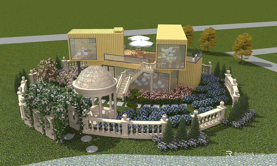 Exquisite Garden Landscape Design With Classical Dome Pavilion Modern Container Lounge And Vibrant Ornamental Plantings 3d model 