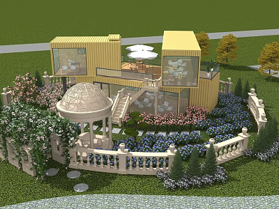 Exquisite Garden Landscape Design With Classical Dome Pavilion Modern Container Lounge And Vibrant Ornamental Plantings 3d model