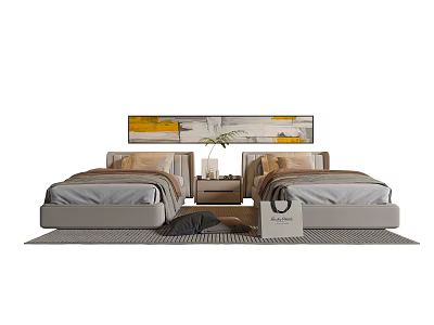 Contemporary Bedroom Interior With Two Single Beds Nightstand Wall Art And Soft Area Rug 3d model