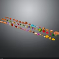 Colorful Food Models Including Fruits Vegetables Meats Desserts Arranged In A Row