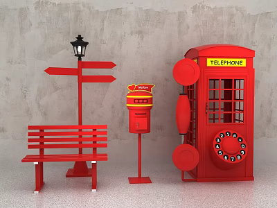 Red Urban Street Furniture Including Bench Mailbox Telephone Booth And Street Lamp 3d model