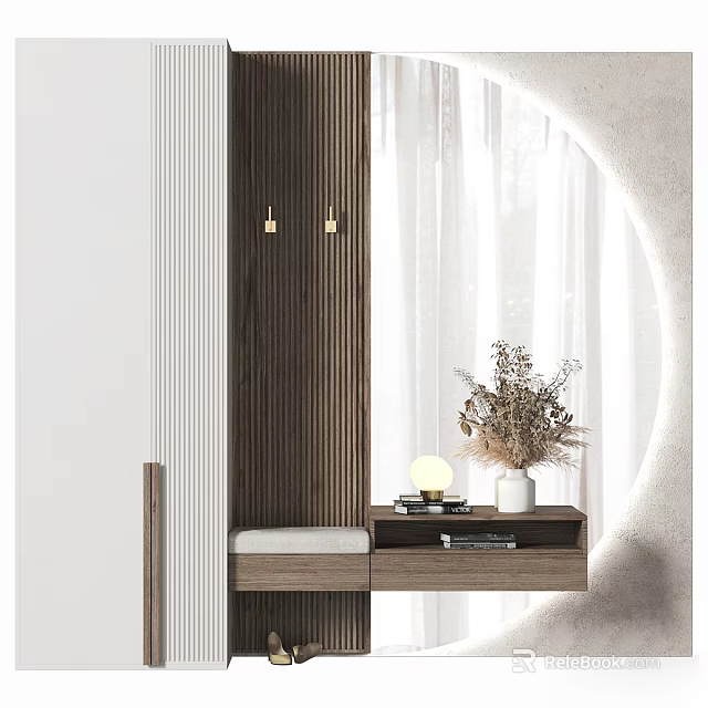 Modern Wooden Decorative Cabinet With Slatted Design Dried Flowers Table Lamp And White Curtains 3d model 
