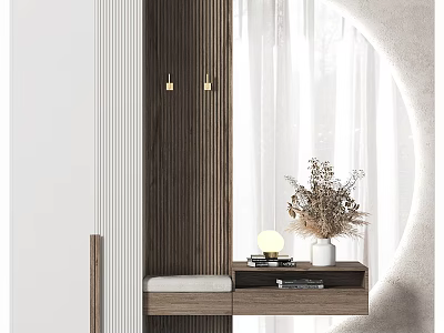Modern Wooden Decorative Cabinet With Slatted Design Dried Flowers Table Lamp And White Curtains 3d model