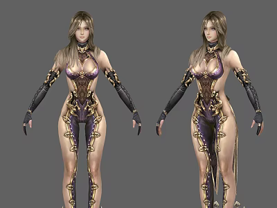 Game Movie Female Characters in Elaborate Purple Gold Costumes with Gloves 3d model