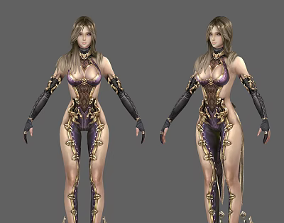 Game Movie Female Characters in Elaborate Purple Gold Costumes with Gloves 3d model