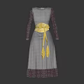 Purple Patterned Long Sleeve Dress With Yellow Belt And Tassels