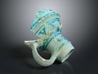 Ceramic Jug With Blue Green Glaze Decorative Patterns And Curved Handle 3d model