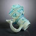 Ceramic Jug With Blue Green Glaze Decorative Patterns And Curved Handle