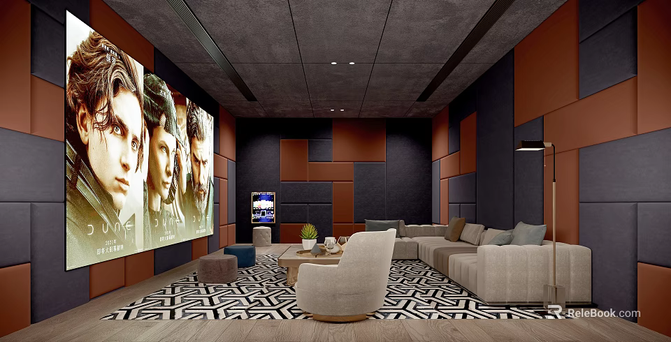 Home Theater Interior Design with Large Screen Plush Seating Geometric Rug and Paneled Walls 3d model 