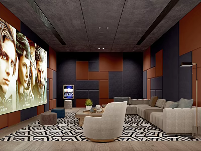 Home Theater Interior Design with Large Screen Plush Seating Geometric Rug and Paneled Walls 3d model
