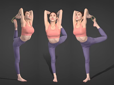 Women Practicing Varied Yoga Poses In Pink Sports Bra And Purple Leggings 3d model