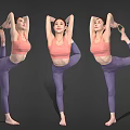 Women Practicing Varied Yoga Poses In Pink Sports Bra And Purple Leggings