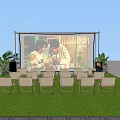 Outdoor Tobacco And Alcohol Store Booth With Large Advertisement Green Plants And Arranged Chairs