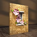 3D Brick Wall Decor with Pink Flowers Green Leaves and Window Design