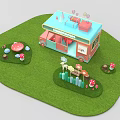 Colorful Cartoon Food Cart Scene With Green Grass Flowers And Mushroom Decorations