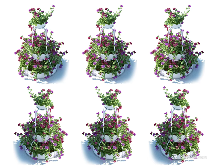 Multi tiered White Metal Garden Ornament with Hanging Purple Pink Flowers and Decorative Design 3d model 