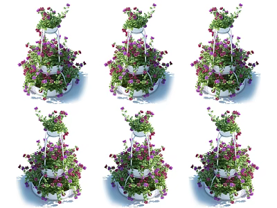 Multi tiered White Metal Garden Ornament with Hanging Purple Pink Flowers and Decorative Design 3d model