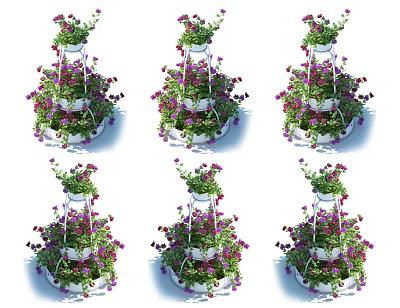 Multi tiered White Metal Garden Ornament with Hanging Purple Pink Flowers and Decorative Design 3d model