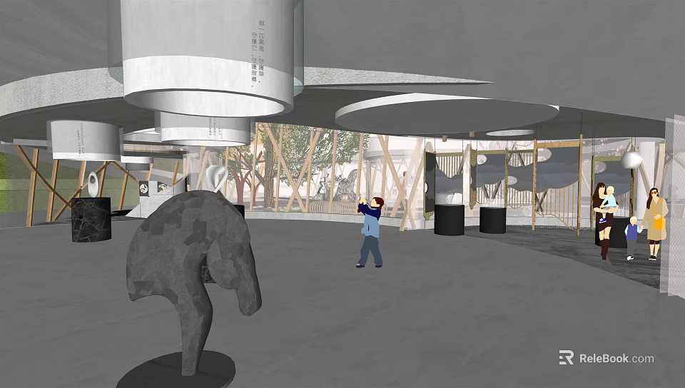 Modern Indoor Exhibition Space With Horse Sculpture Person And Wooden Decorative Structures 3d model 
