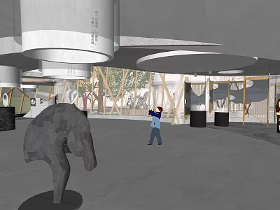 Modern Indoor Exhibition Space With Horse Sculpture Person And Wooden Decorative Structures 3d model