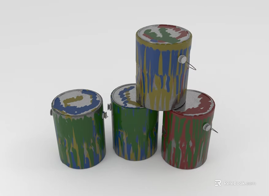 Four Colorful Paint Cans With Dripping Paint Accents On White Background 3d model 