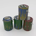Four Colorful Paint Cans With Dripping Paint Accents On White Background