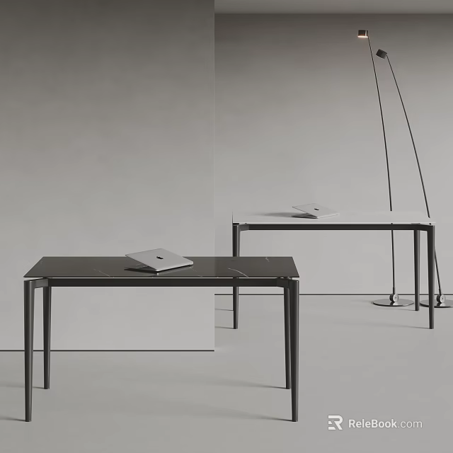 Black Dining Table Metal Legs Smooth Top Arched Floor Lamp Open Notebook On Gray Wall 3d model 