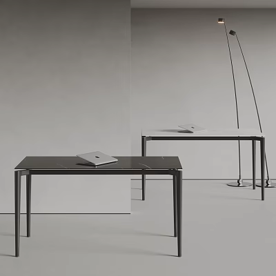 Black Dining Table Metal Legs Smooth Top Arched Floor Lamp Open Notebook On Gray Wall 3d model