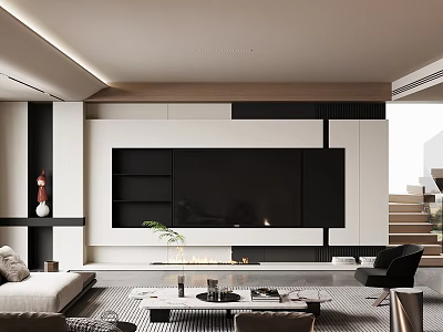 Modern Living Room Interior With TV Wall Fireplace Sofa Coffee Table Decorative Plant And Stairs 3d model