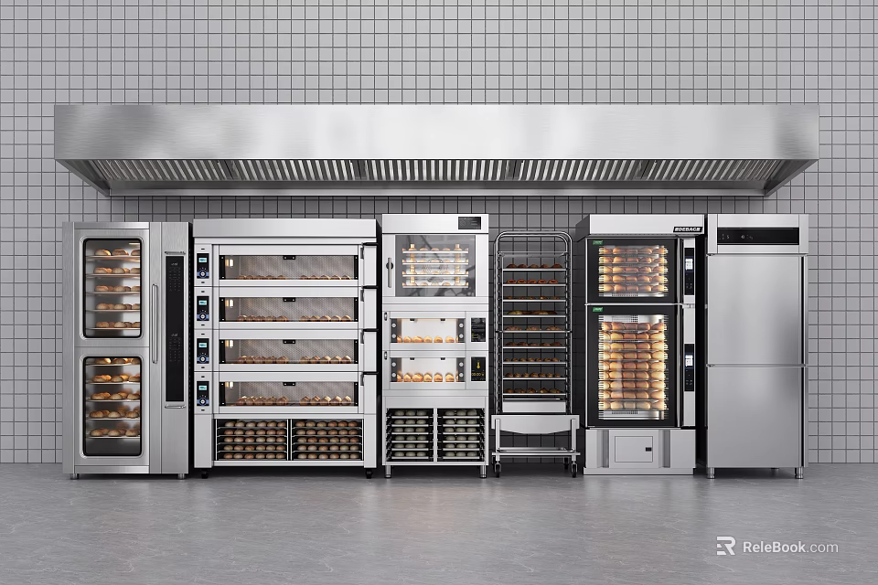 Stainless Steel Commercial Kitchen Appliances Setup With Ovens Racks Refrigerator Under Tile Wall Range Hood 3d model 