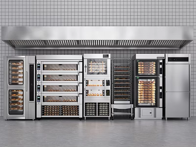 Stainless Steel Commercial Kitchen Appliances Setup With Ovens Racks Refrigerator Under Tile Wall Range Hood 3d model