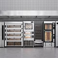 Stainless Steel Commercial Kitchen Appliances Setup With Ovens Racks Refrigerator Under Tile Wall Range Hood