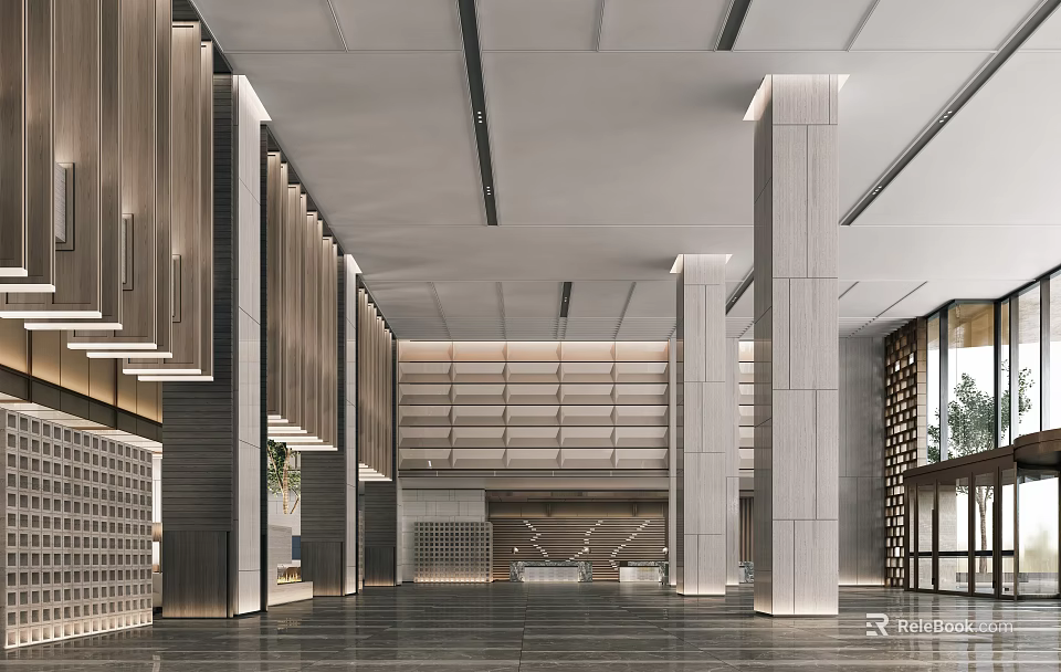 Modern Hotel Lobby Interior With Spacious Design Stone Columns Wooden Panels And Reception Area 3d model 