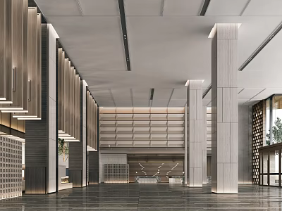 Modern Hotel Lobby Interior With Spacious Design Stone Columns Wooden Panels And Reception Area 3d model