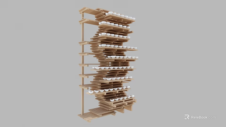 Modern Wooden Display Shelf with Stacked Multiple Tiers and White Cups on Each Layer 3d model 