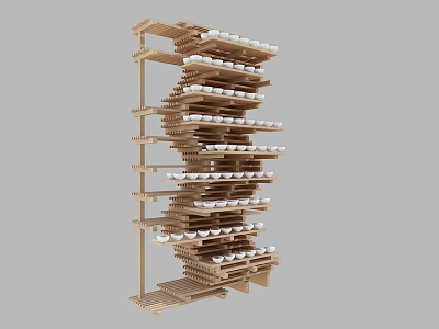Modern Wooden Display Shelf with Stacked Multiple Tiers and White Cups on Each Layer 3d model