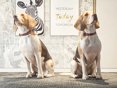 Two Beagle Dogs With Red Collars Sitting On Floor Near Decorative Wall Paintings 3d model