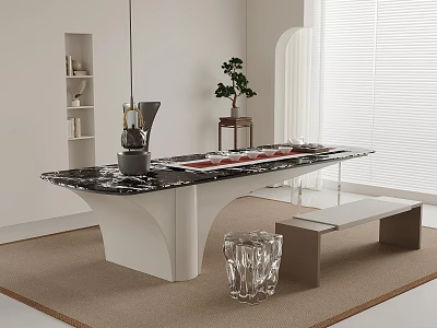 Modern Tea Table and Chairs with Marble Top in Minimalist Living Room Interior Design 3d model