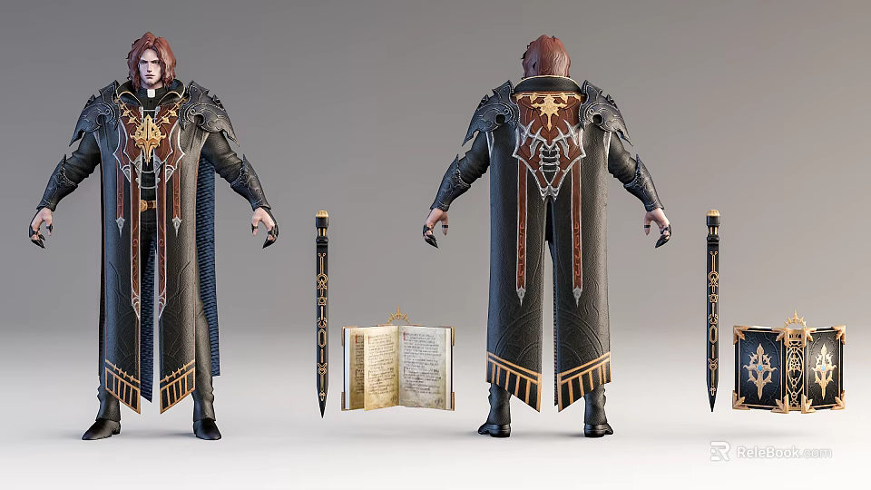 Game and Movie Character in Ornate Robe with Intricate Designs Staff and Ancient Book 3d model 