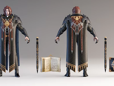 Game and Movie Character in Ornate Robe with Intricate Designs Staff and Ancient Book 3d model