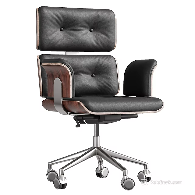 Modern Black Leather Office Chair With Button Tufted Backrest Wooden Armrests And Metal Base 3d model 