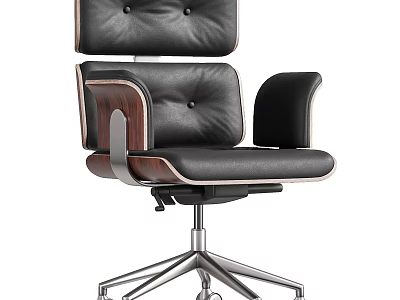 Modern Black Leather Office Chair With Button Tufted Backrest Wooden Armrests And Metal Base 3d model