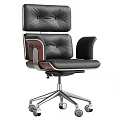 Modern Black Leather Office Chair With Button Tufted Backrest Wooden Armrests And Metal Base