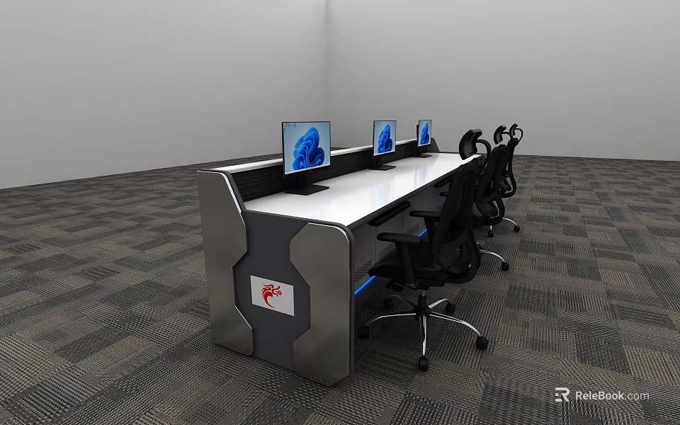 Modern Office Workstation Setup With Long Desk Multiple Monitors Black Chairs And Red Logo 3d model 