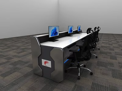 Modern Office Workstation Setup With Long Desk Multiple Monitors Black Chairs And Red Logo 3d model