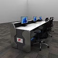 Modern Office Workstation Setup With Long Desk Multiple Monitors Black Chairs And Red Logo